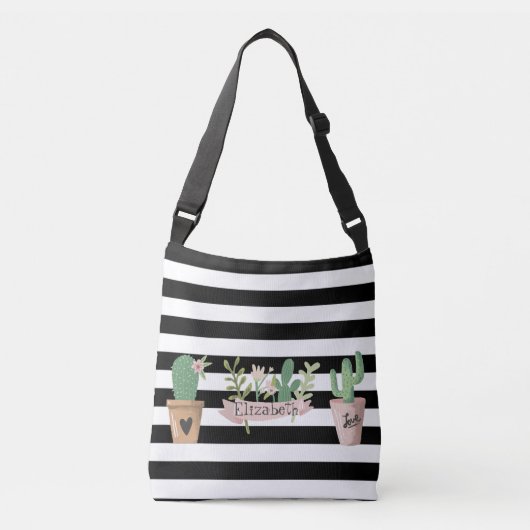 Cactus Bloem Zwart Wit Strepen Crossbody Tas (Voorkant)