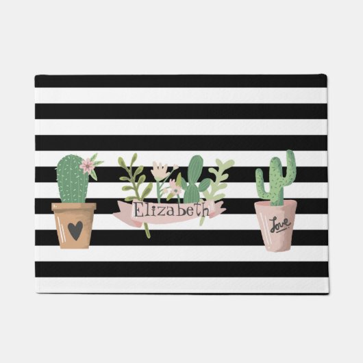 Cactus Bloem Zwart Wit Strepen Deurmat (Voorkant)