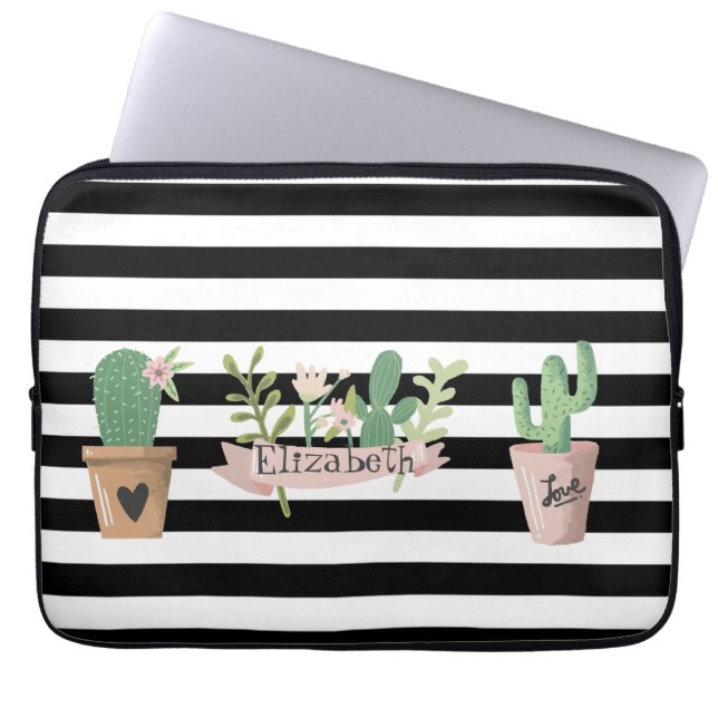 Cactus Bloem Zwart Wit Strepen Laptop Sleeve (Voorkant)