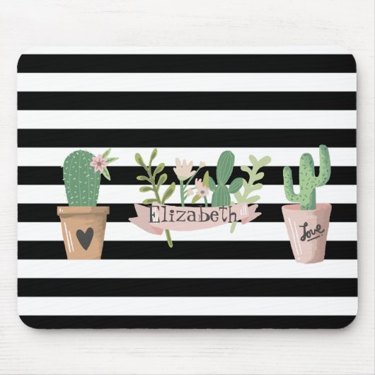 Cactus Bloem Zwart Wit Strepen Muismat (Voorkant)