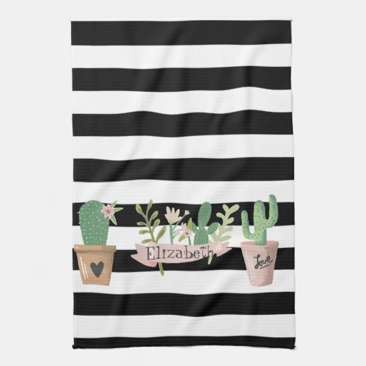 Cactus Bloem Zwart Wit Strepen Theedoek (Verticaal)