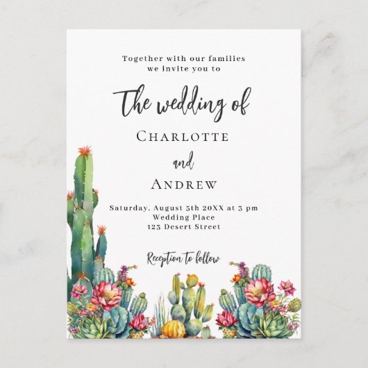 Cactus bloemen bruiloft uitnodiging briefkaart (Voorkant)