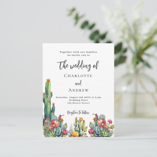 Cactus bloemen bruiloft uitnodiging briefkaart (Staand voorkant)