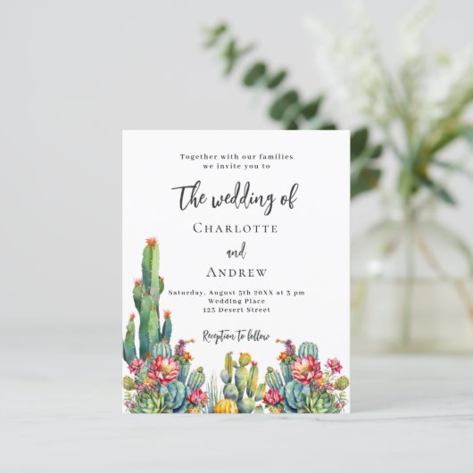 Cactus bloemen budget bruiloft uitnodiging (Staand voorkant)