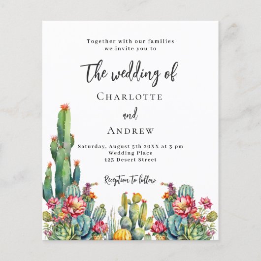 Cactus bloemen budget bruiloft uitnodiging (Voorkant)