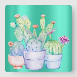 Cactus bloemen Mint roze perzik koraal schilderij Vierkante Klok