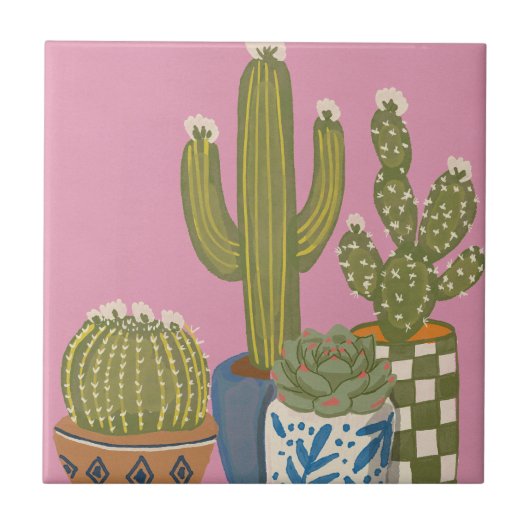 Cactus Bloemen Roze Tegeltje (Voorkant)