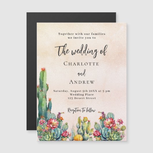Cactus bloemen rustiek roos gouden luxe bruiloft magnetische uitnodiging (Voorkant / Achterkant)