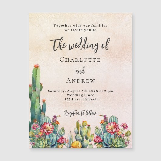 Cactus bloemen rustiek roos gouden luxe bruiloft magnetische uitnodiging (Voorkant)