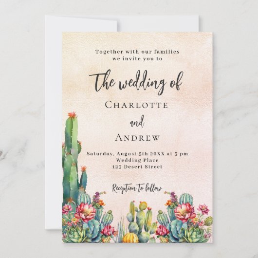 Cactus bloemetjes rustiek roos gouden bruiloft kaart (Voorkant)