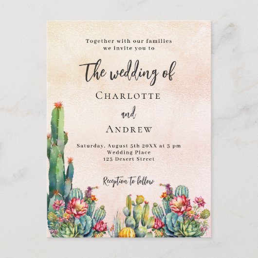 Cactus bloemetjes rustiek roos gouden bruiloft uitnodiging briefkaart (Voorkant)