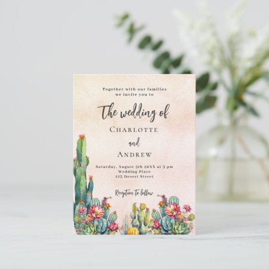 Cactus bloemetjes rustiek roos gouden bruiloft uitnodiging briefkaart (Staand voorkant)