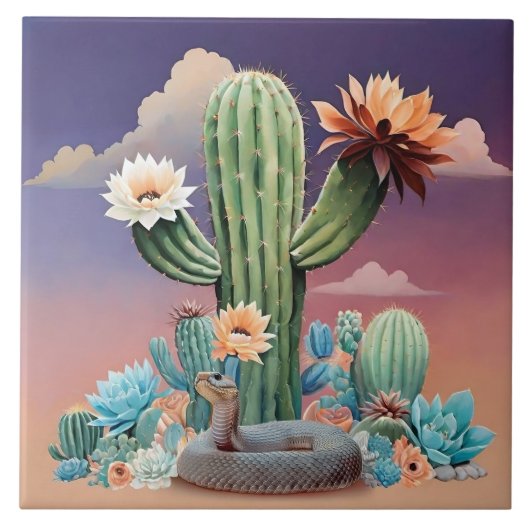 Cactus Bloesems Rattlesnake Desert Art Tegeltje (Voorkant)