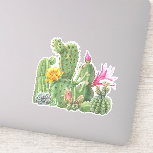 Cactus Blooming Garden Waterverf Zuidwestelijke Wo Sticker (Detail)