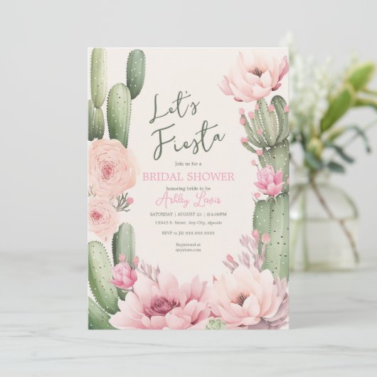 Cactus Blush roze Fiesta Boho Groene Bruidsbloemen Kaart (Staand voorkant)