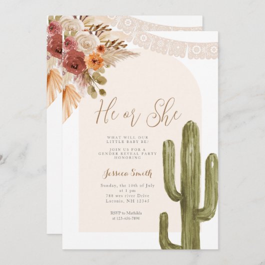 Cactus Bohemian Floral Hij of Zij Geslacht Onthull Kaart (Voorkant / Achterkant)