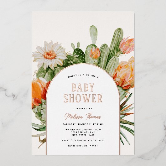 Cactus Boho Baby Borrel Folie Uitnodiging (Voorkant)
