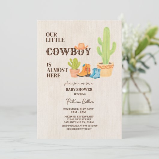 Cactus Boot Ons Kleine Cowboy Rodeo Baby shower Kaart (Staand voorkant)
