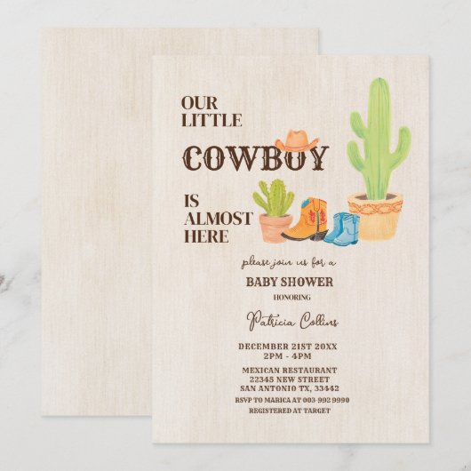 Cactus Boot Ons Kleine Cowboy Rodeo Baby shower Kaart (Voorkant / Achterkant)