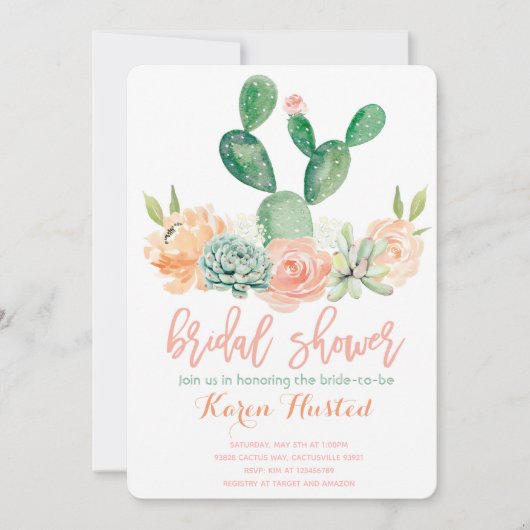 Cactus Bridal Shower Invitation Succulent Pink Kaart (Voorkant)