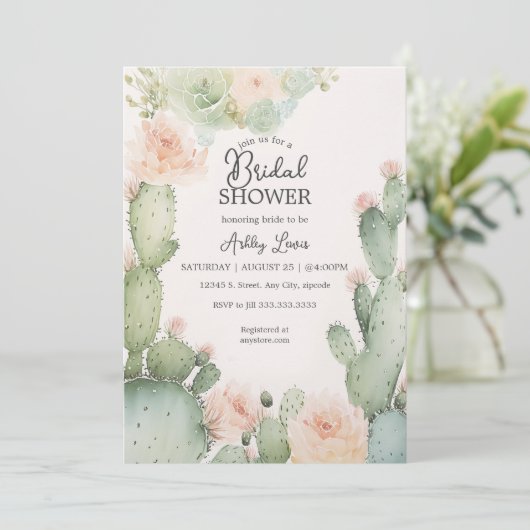 Cactus Bruids Boho Bloemen Groen Kaart (Staand voorkant)