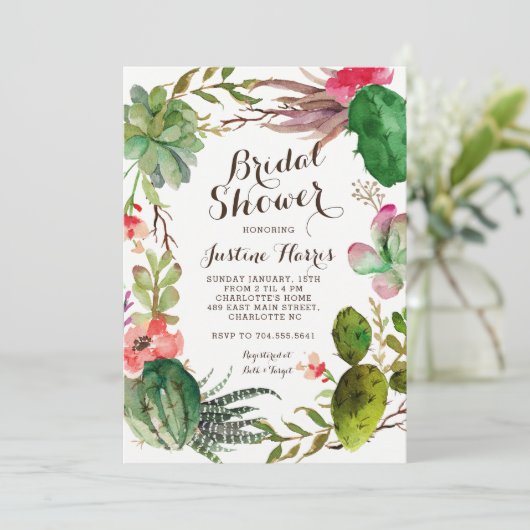 cactus, bruids douche uitnodiging succulenten, (Staand voorkant)