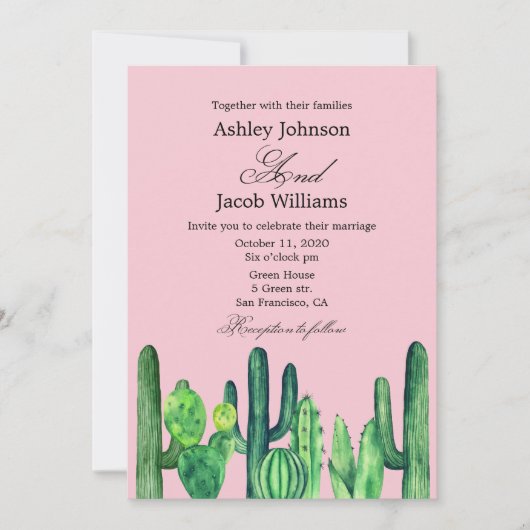 Cactus bruiloft. Groene succulent. Modern roze Kaart (Voorkant)