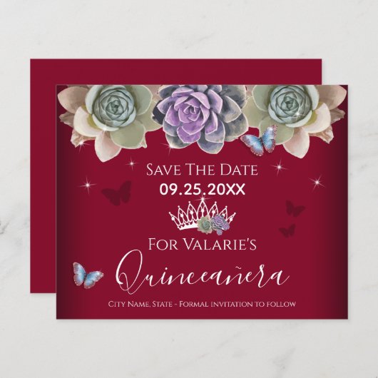 Cactus Butterfly Elegant Quinceanera Save the Date (Voorkant / Achterkant)