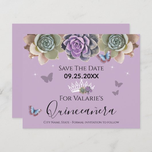 Cactus Butterfly Elegant Quinceanera Save the Date (Voorkant / Achterkant)