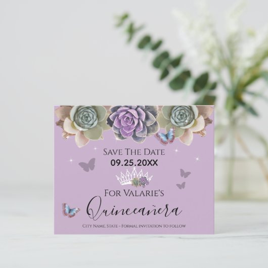 Cactus Butterfly Elegant Quinceanera Save the Date (Staand voorkant)