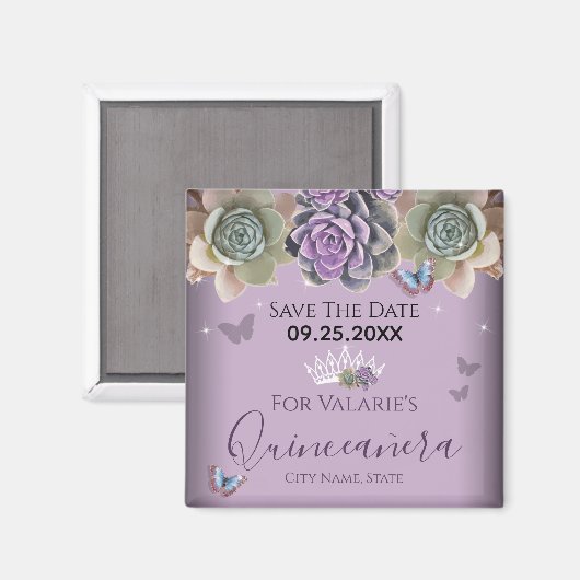 Cactus Butterfly Elegant Quinceanera Save the Date Magneet (Voorkant / Achterkant)