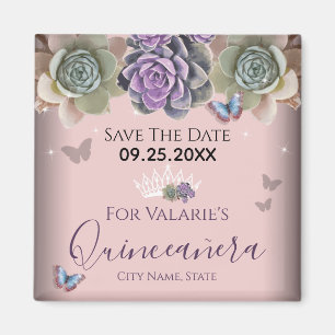 Cactus Butterfly Elegant Quinceanera Save the Date Magneet