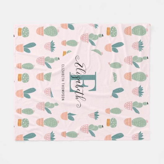 Cactus Cacti Succulent Pink Greenery Monogram Fleece Deken (Voorkant (Horizontaal))