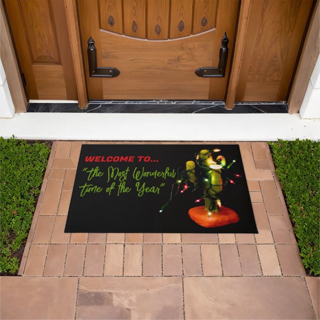 Cactus Candle Wrapped in Christmas Lights Deurmat (Buiten)