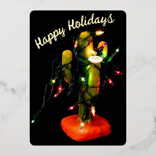 Cactus Candle Wrapped in Christmas Lights Folie Feestdagenkaart (Voorkant)