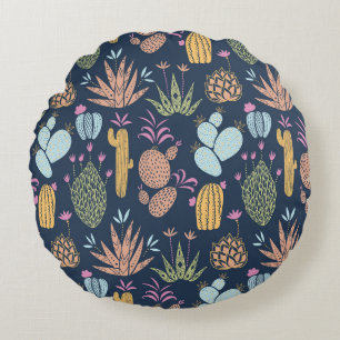 Cactus Charm: Kleurrijke bloemen Rond Kussen