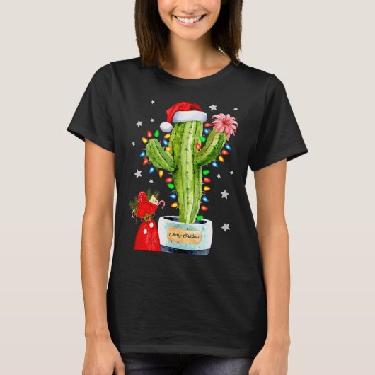 Cactus Christmas Sweater Lights Santa Xmas Plant L T-shirt (Voorkant)