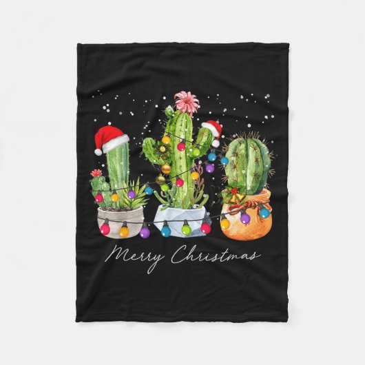 Cactus Christmas Xmas Trees Lights Santa Hat Cactu Fleece Deken (Voorkant)