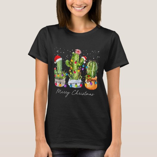 Cactus Christmas Xmas Trees Lights Santa Hat Cactu T-shirt (Voorkant)