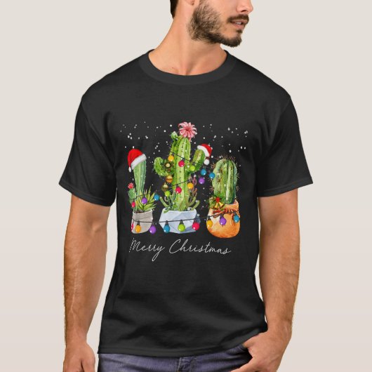 Cactus Christmas Xmas Trees Lights Santa Hat Cactu T-shirt (Voorkant)