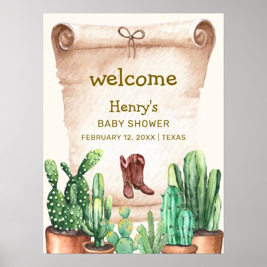  Cactus Cowboy Boots Baby shower Welkom Poster (Voorkant)