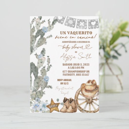 Cactus Cowboy Spaans Vaquerito Baby shower Kaart (Staand voorkant)
