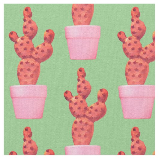 Cactus Cute Modern Green Roze Pop Art Stof (Close Up)