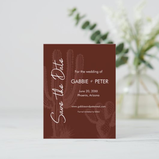 Cactus Desert Maroon Terra Cotta Save the Date Briefkaart (Staand voorkant)