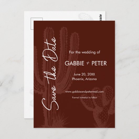 Cactus Desert Maroon Terra Cotta Save the Date Briefkaart (Voorkant / Achterkant)