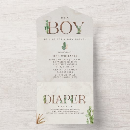 Cactus Diaper Raffle Boy Baby shower All In One Uitnodiging (Binnen)
