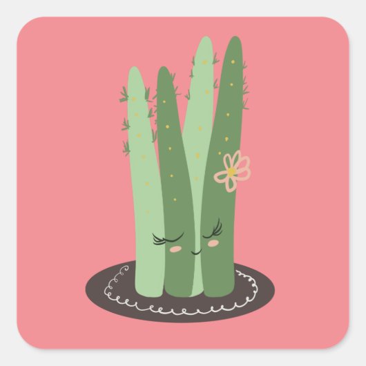 Cactus Doodle Cartoon Funny Green Pink Vierkante Sticker (Voorkant)