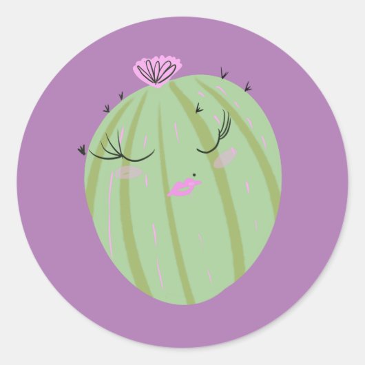 Cactus Doodle Cartoon Funny Paars Ronde Sticker (Voorkant)