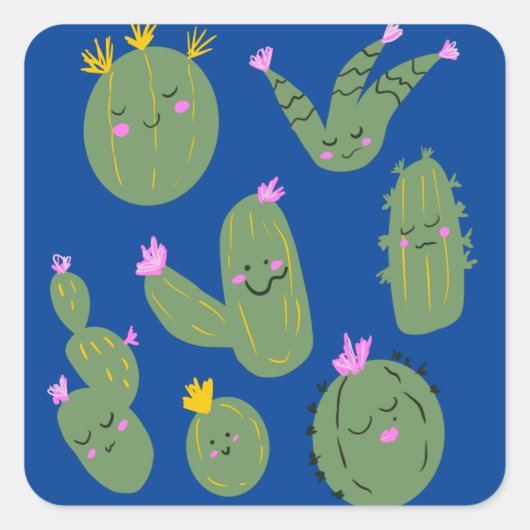 Cactus Doodle Cartoon Grappige Blauwe Vierkante Sticker (Voorkant)