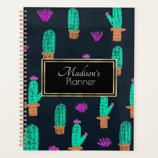 Cactus Doodle Pattern Monogrammd Planner (Voorkant)